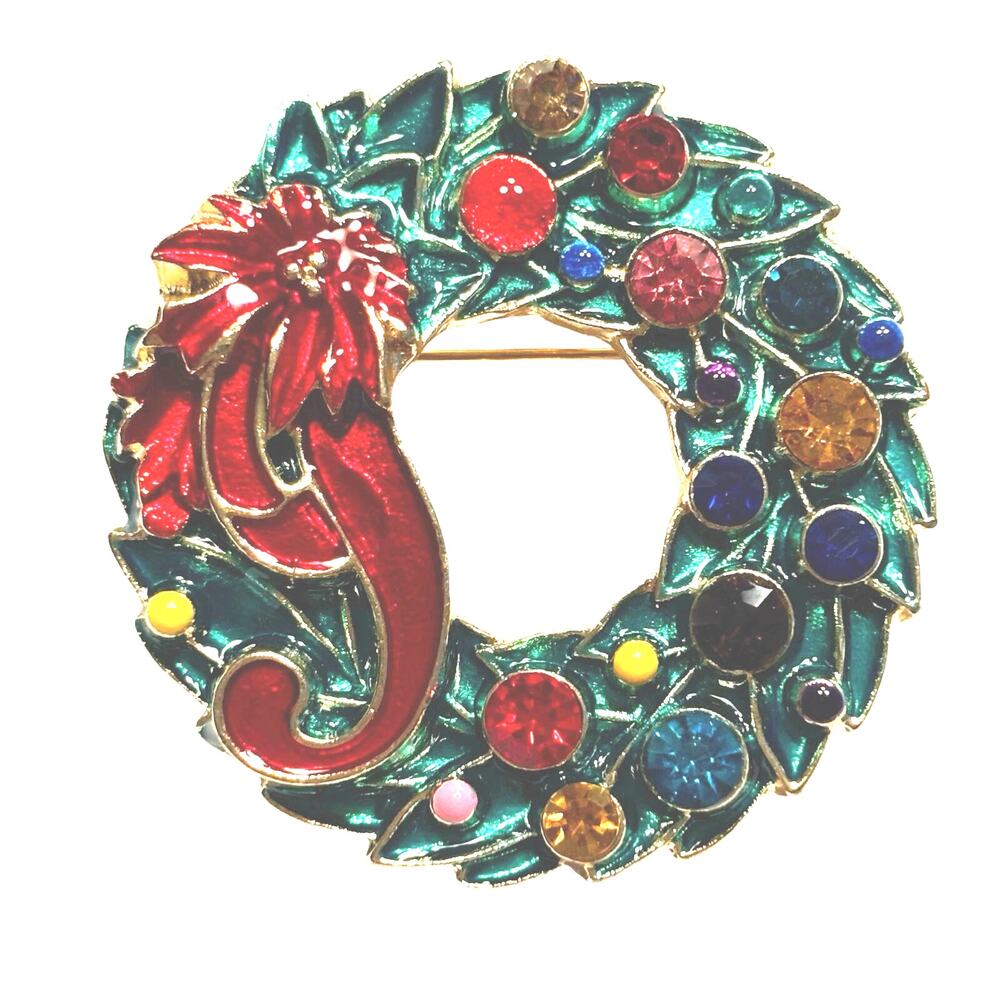 Christmas wreath brooch gold green enamel & colorful rhinestones pendant pin